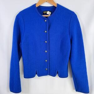 Vintage GEIGER Austria 100% Boiled Wool Cobalt Blue Jacket Coat Blazer Cardigan